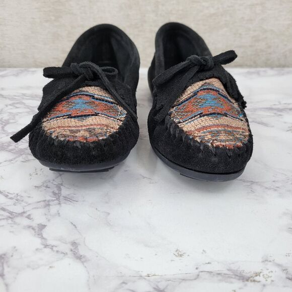 Minnetonka El Paso II Suede MOC Black Moccasins Aztec Patten Women's 7.5 - Picture 4 of 11